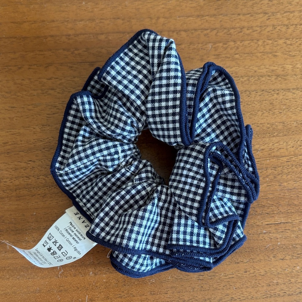 Sezane Navy and White Gingham Scrunchie